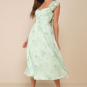 Lulus Loveliest Darling Light Green Floral Ruffled Tie-back Midi Dress - Size M
